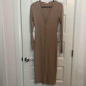 Intempo - Ribbed Knit - Cardigan Bodycon Shirt Dress Tan Medium Midi - Size XS